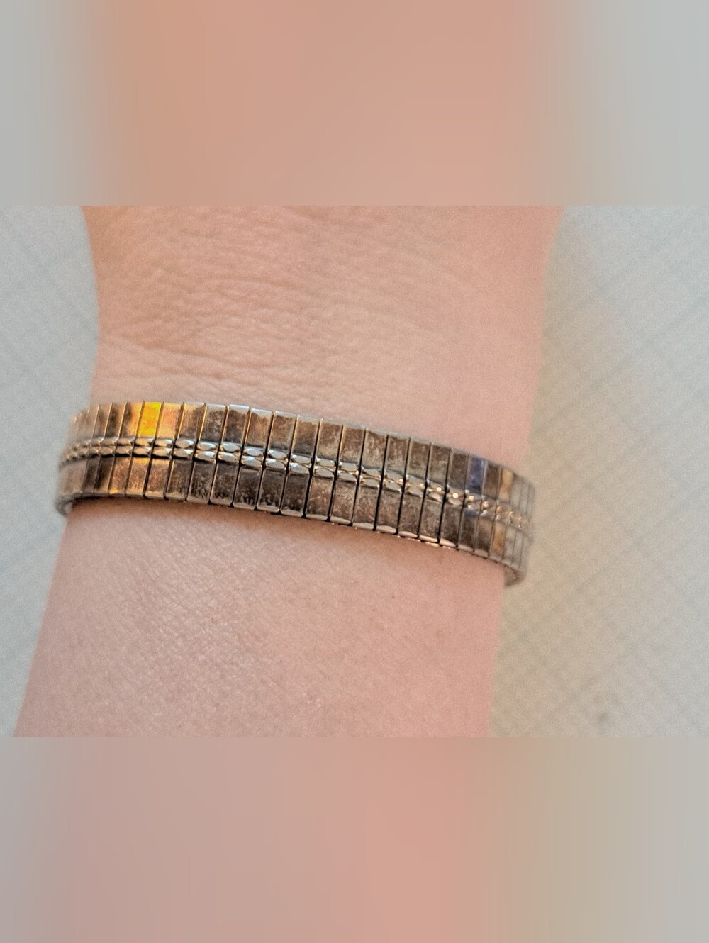 Silver Tone Watchband Stretch Bracelet - Silver
